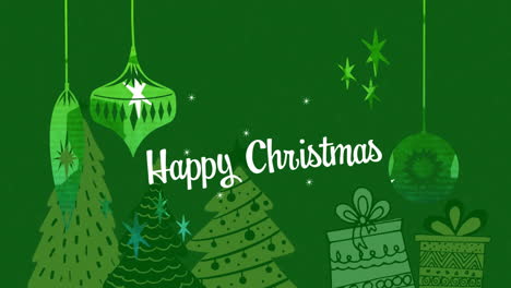 Animation-of-happy-christmas-text-over-christmas-decorations-on-green-background