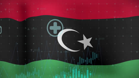 Animation-of-graphs,-data-and-energy-icons-over-flag-of-libya
