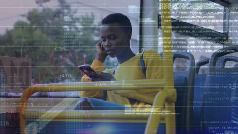 Animation-Der-Verarbeitung-Finanzieller-Daten-über-Eine-Afroamerikanerin,-Die-Ein-Smartphone-Verwendet