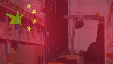 Animation-of-flag-of-china-over-forklift-truck-storage-warehouse