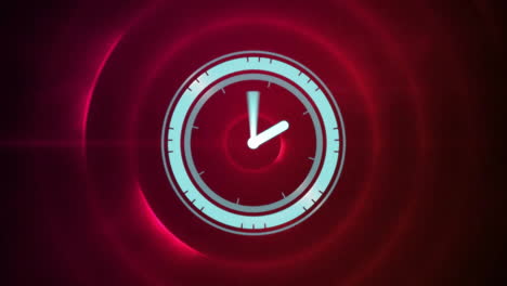 Animation-of-clock-moving-fast-over-glowing-pink-flickering-circles