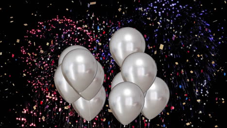 Animation-of-silver-balloons-with-fireworks-on-black-background