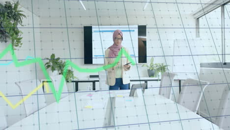 Animación-Del-Procesamiento-De-Datos-Financieros-Sobre-Una-Empresaria-Birracial-Con-Hijab-Trabajando-En-La-Oficina