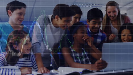Animation-of-financial-data-processing-diverse-students-in-classroom