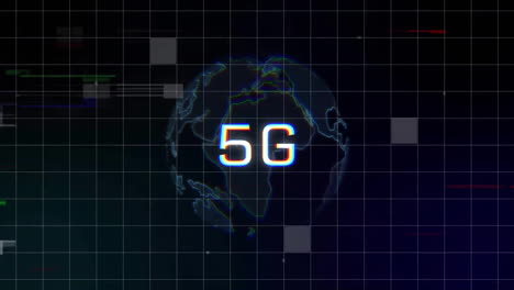 Animation-of-5g-text-network-over-globe-and-processing-data-on-black-background