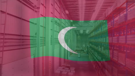Animation-Der-Flagge-Der-Republik-Malediven-über-Einem-Großen-Warenlager
