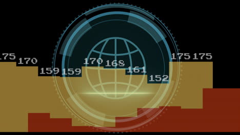 Animation-Von-Globus-Und-Cybersicherheitstext-über-Diagrammen-Mit-Daten