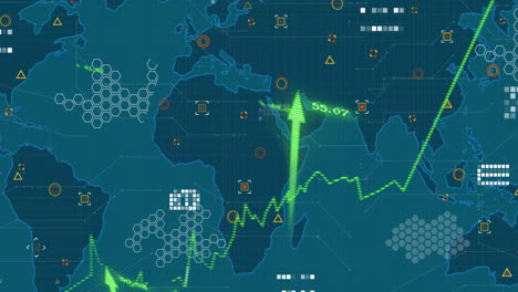 Animation-of-green-graph-with-upward-arrows-and-data-processing-over-blue-world-map