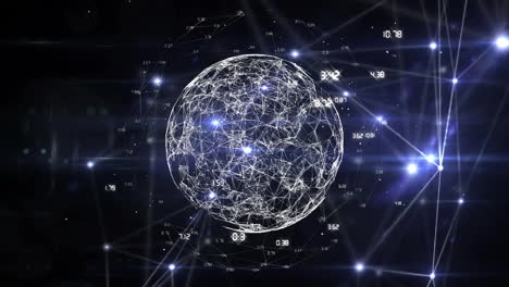 Animation-of-globe-with-networks-and-data-processing-over-dark-background