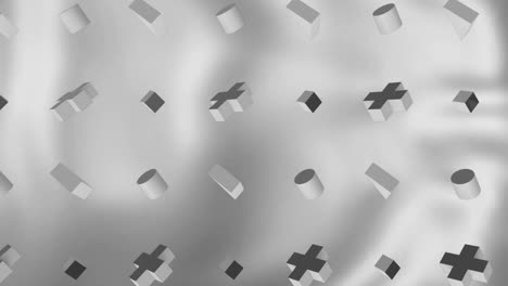 Animation-of-rows-of-3d-crosses,-cylinders,-cubes-and-triangles-rotating-over-grey-moving-background