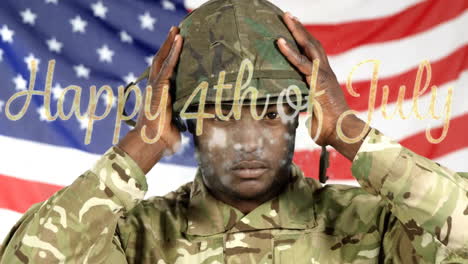 Animation-of-text-of-happy-4th-of-july-over-african-american-male-soldier-with-usa-flag