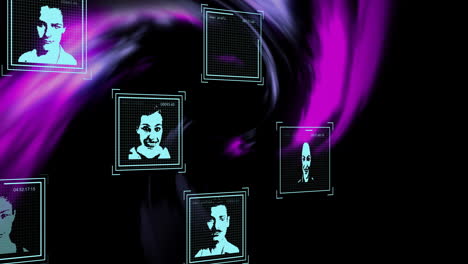 Animation-of-digital-biometric-photos-and-purple-light-trails-on-black-background