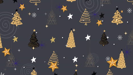 Animation-of-snow-falling-over-christmas-decorations-on-grey-background