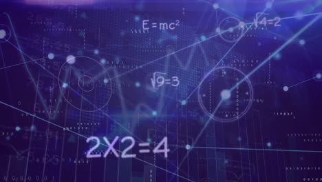 Animation-of-mathematical-equation-and-connected-dots-over-abstract-background