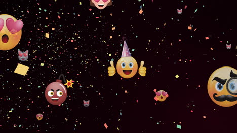Animation-Von-Emoji-Symbolen-über-Leuchtenden-Lichtern-Auf-Dunklem-Hintergrund