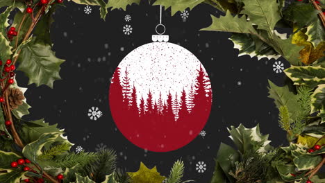 Animation-Von-Fallendem-Schnee-über-Weihnachtskugeln-Und-Winterlandschaft