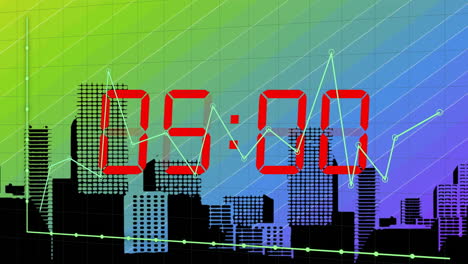 Animation-of-diagrams-and-countdown-over-cityscape
