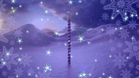 Animation-of-falling-snowflakes-over-pole-in-snow-on-purple-background