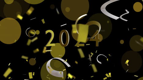 Animation-of-2024-with-confetti-and-posts-of-light-on-black-background