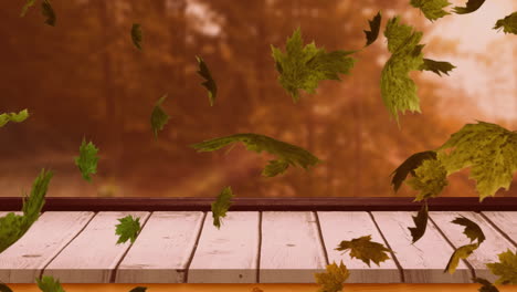 Animation-of-leaves-blowing-over-wooden-table-top-and-autumn-trees