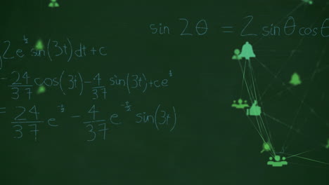 Animation-of-network-of-people-and-media-icons-over-mathematical-equations-on-chalkboard