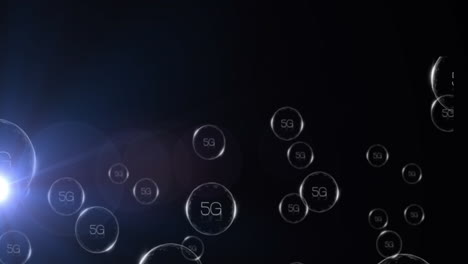 Animation-of-5g-text-in-circles-with-lens-flares-against-black-background