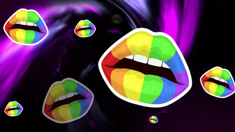 Animation-of-rainbow-colors-on-mouths-over-moving-abstract-pattern-against-black-background