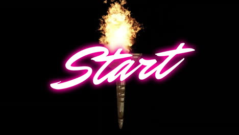 Animation-of-pink-neon-start-text-over-lit-flame-torch-on-black-background