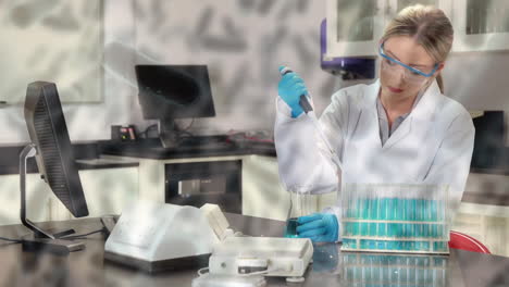 Animation-of-virus-cells-over-caucasian-female-scientist-working-in-lab