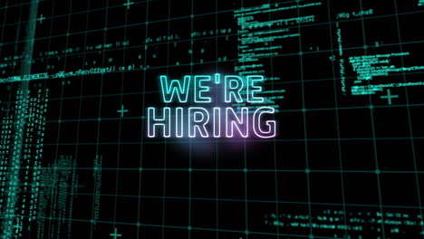 Animation-of-we're-hiring-neon-text-and-data-processing