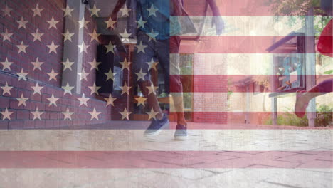 Animation-of-flag-of-usa-over-diverse-school-children-running