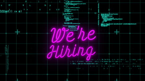 Animation-of-neon-we're-hiring-text-over-data-processing