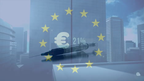Animation-Der-EU-Flagge-Und-Der-Spritze-über-Der-Stadtlandschaft