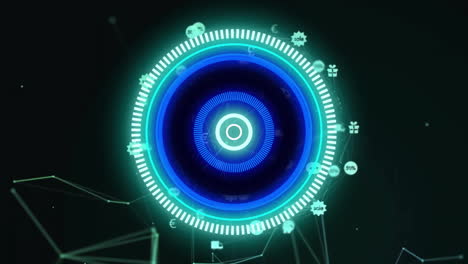 Animation-Der-Verarbeitung-Eines-Blauen-Kreisförmigen-Scanners-über-Einem-Netzwerk-Von-Einzelhandelssymbolen-Auf-Schwarzem-Hintergrund