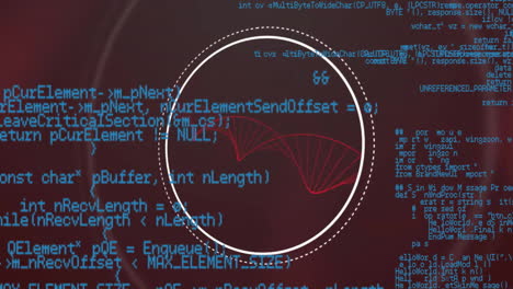 Animation-Von-DNA-Strang,-Umfang-Und-Datenverarbeitung-Auf-Dunklem-Hintergrund