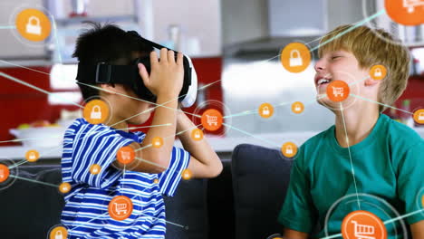 Animation-of-network-of-connections-with-icons-over-caucasian-boys-using-vr-headset