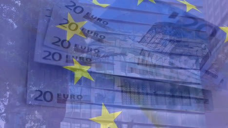 Animation-Der-EU-Flagge-Und-Der-Euro-Banknoten-über-Der-Stadtlandschaft