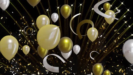 Animation-Von-Goldenen-Und-Silbernen-Luftballons-Mit-Feuerwerk-Auf-Schwarzem-Hintergrund