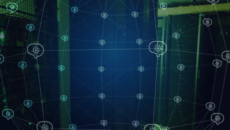 Animation-Eines-Gitternetzes-Aus-KI-Gehirnsymbolen,-Die-über-Einem-Dunklen-Computerserverraum-Rotieren