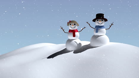 Animation-of-snow-falling-over-snowmen-in-winter-scenery