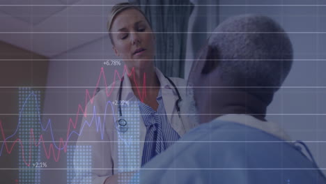 Animation-of-multiple-graphs-with-changing-numbers,-diverse-female-doctor-checking-patient-neck
