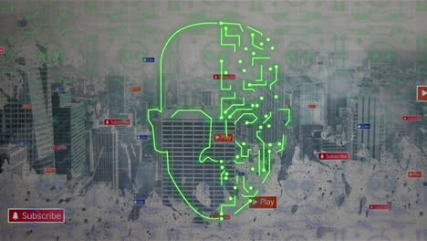 Animation-of-green-head-with-data-moving-through-motherboard-and-media-notifications-over-cityscape