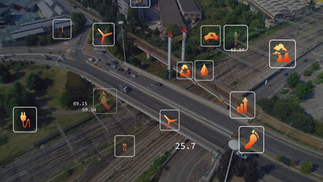 Animation-of-eco-icons-and-data-processing-over-roads