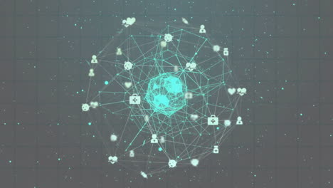 Animation-of-globe-with-network-of-connections-with-icons-on-dark-background