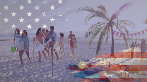 Animation-of-american-flag-over-happy-diverse-friends-on-vacation-walking-with-bags-on-sunny-beach