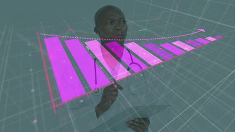 Animation-of-data-processing-with-graph-over-african-american-male-doctor-taking-notes