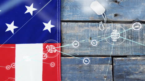 Animation-of-global-communication-network-over-american-flag-and-dog-tags-on-wood