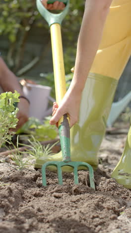 Vertical-video-of-diverse-couple-working-in-garden,-slow-motion