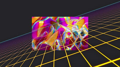 Animation-of-multicolored-dynamic-waves-and-grid-pattern-over-black-background