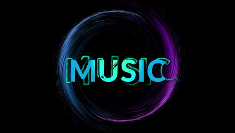 Animation-of-blue-music-text-and-circle-of-light-trail-on-black-background